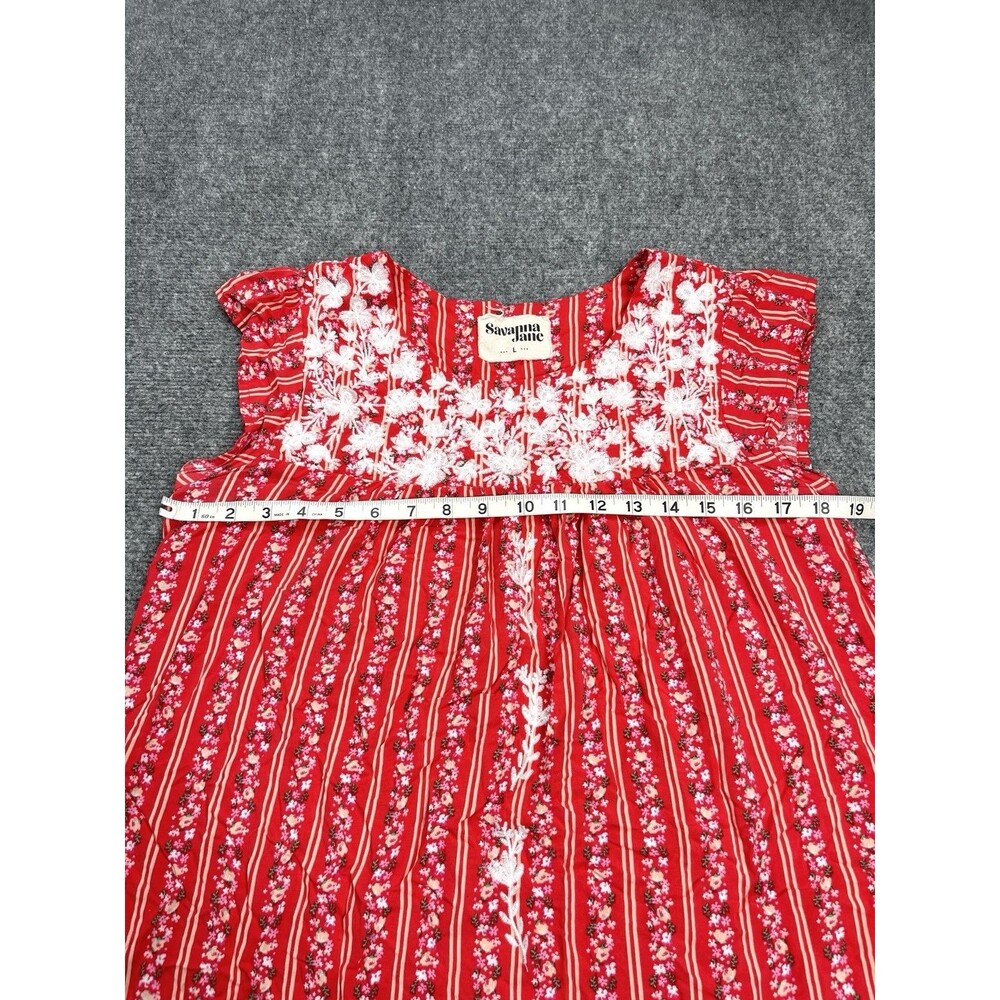 Savannah Jane Top Size Large Red Embroidered Floral Striped Flutter Sleeve - Picture 6 of 8